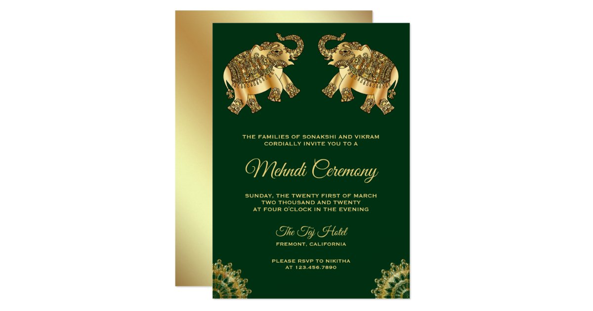 Green Gold Elephants Indian Henna Mehndi Ceremony Invitation | Zazzle.com