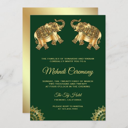 Green Gold Elephants Indian Henna Mehndi Ceremony Invitation