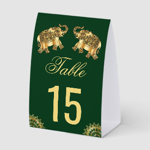 Green Gold Elephants Indian Wedding Table Number Paper Table Tent