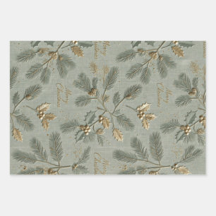 Green Gold Embossed Merry Christmas  Wrapping Paper Sheets