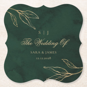 Green Gold Emerald Botanical Enchanted Wedding Paper Coaster