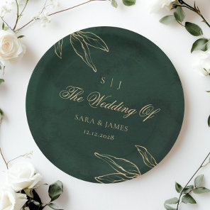 Green Gold Emerald Botanical  Enchanted Wedding Paper Plates