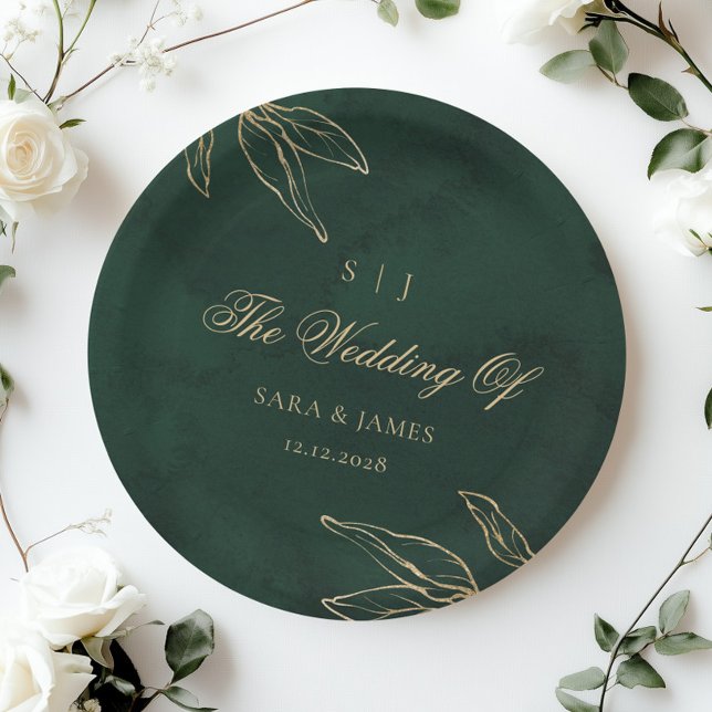 Green Gold Emerald Botanical  Enchanted Wedding Paper Plates (Creator Uploaded)