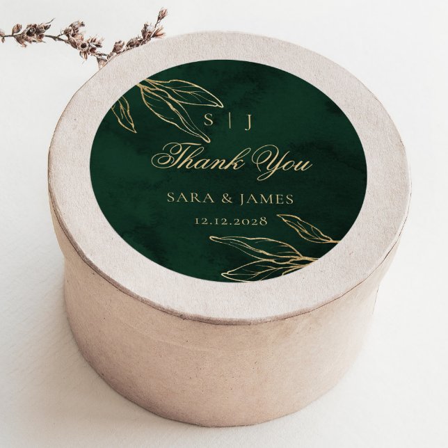 Green Gold Emerald Botanical Wedding Thank you Classic Round Sticker (Creator Uploaded)