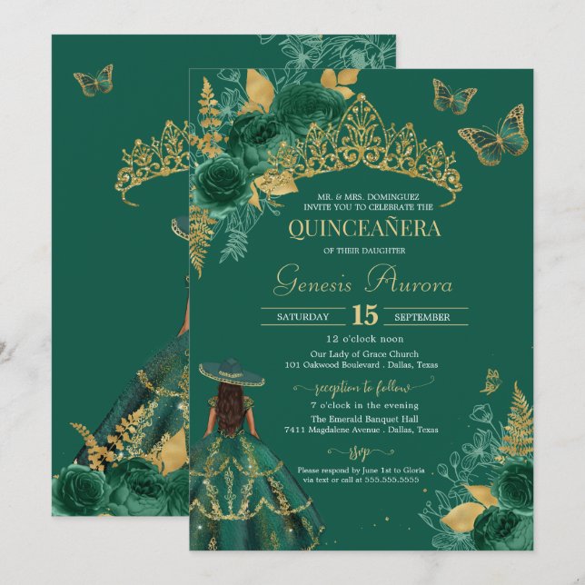Green Gold Emerald Charro Butterfly Quinceañera Invitation (Front/Back)