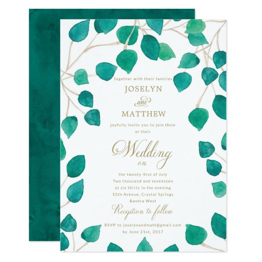 Green Gold Emerald Teal Leaves Wedding Invitation Zazzle Com