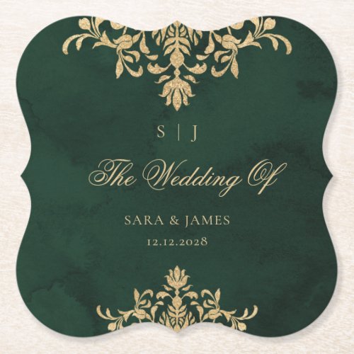 Green Gold Emerald Victorian Enchanted Wedding Paper Coaster