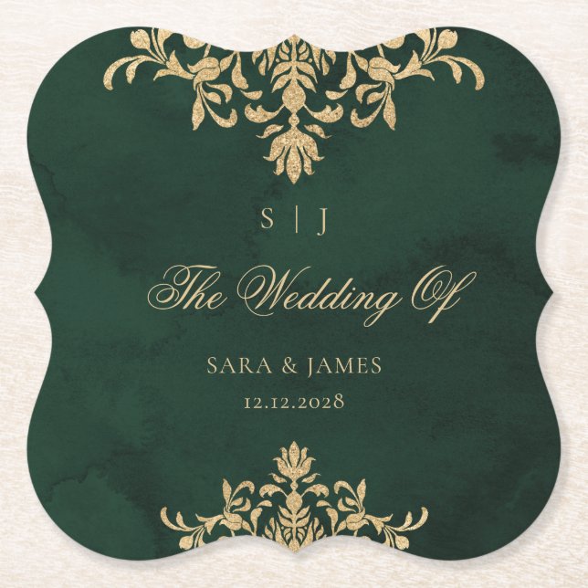 Green Gold Emerald Victorian Enchanted Wedding Paper Coaster (Front)