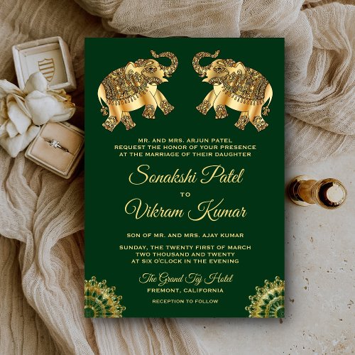 Green Gold Ethnic Elephants Indian Wedding Invite