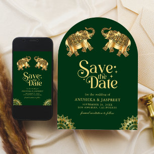 Green Gold Ethnic Elephants Indian Wedding Save The Date