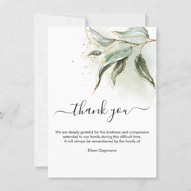 Green Gold Eucalyptus Bereavement Thank You Invitation | Zazzle