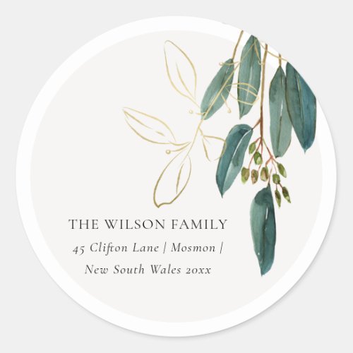 Green Gold Eucalyptus Branch We have Moved Address Classic Round Sticker