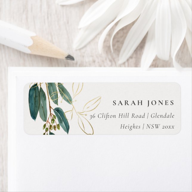 Green Gold Eucalyptus Branch We have Moved Address Label (Insitu)