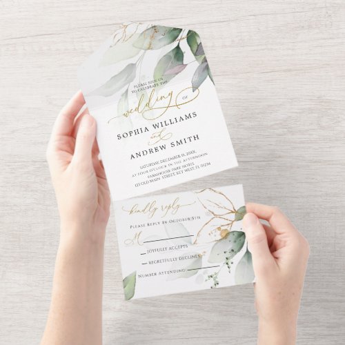 Green  Gold Eucalyptus Floral Wedding All In One Invitation