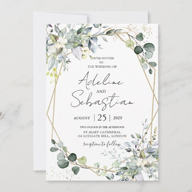 Green Gold Eucalyptus Foliage Geometric Wedding  Invitation (Front)