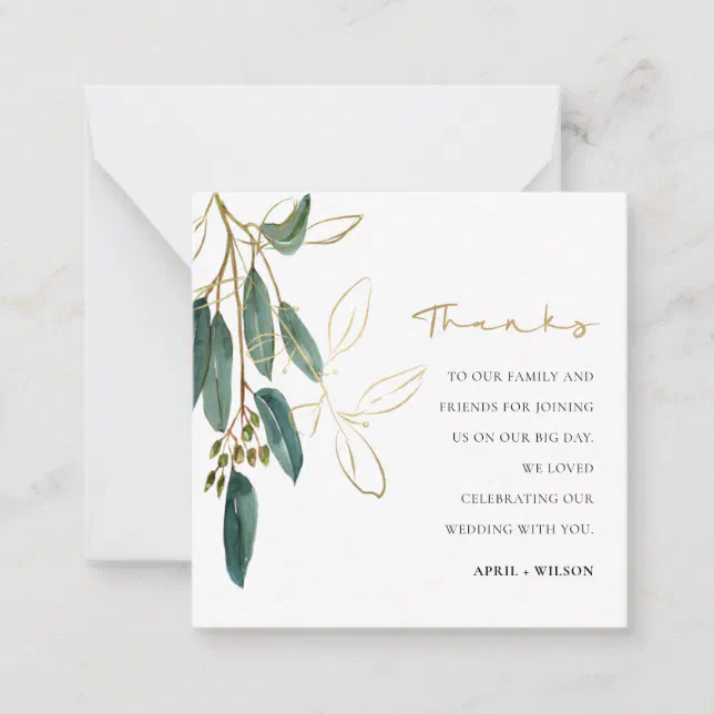 Green Gold Eucalyptus Foliage Watercolor Thank You Note Card | Zazzle