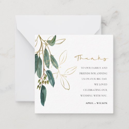Green Gold Eucalyptus Foliage Watercolor Thank You Note Card