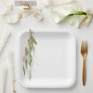 Green Gold Eucalyptus Glitzy Glitter Wedding  Paper Plates