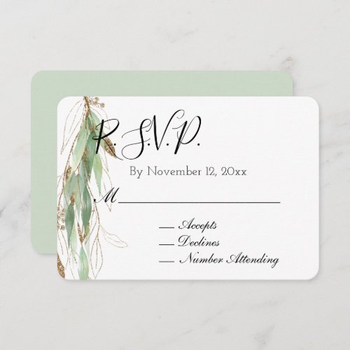 Green Gold Eucalyptus Glitzy Glitter Wedding RSVP Enclosure Card