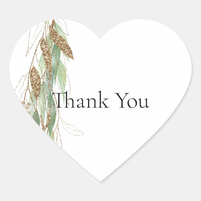 Green Gold Eucalyptus Glitzy Wedding  Heart Sticker (Front)