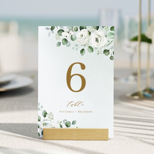 Green gold eucalyptus greenery floral wedding table number