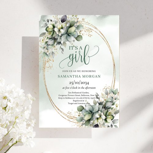 Green Gold Eucalyptus Look It’s A Girl Invitation