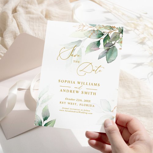 Green  Gold Eucalyptus Save the Date invitation