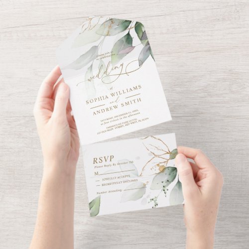 Green  Gold Eucalyptus VAR 1 Wedding All in One  All In One Invitation