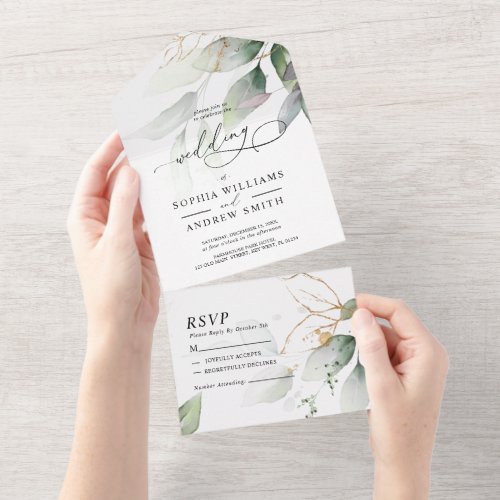 Green  Gold Eucalyptus Wedding All in One  All In One Invitation