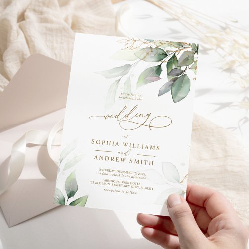 Green  Gold Eucalyptus Wedding Invitation