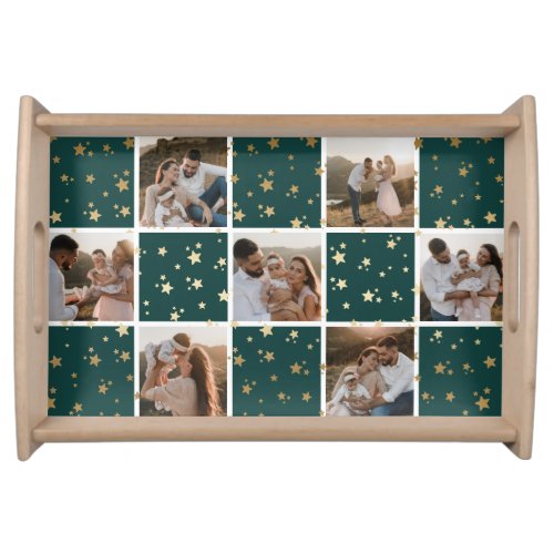 Green Gold Family Photo Collage Christmas Holiday Serving Tray