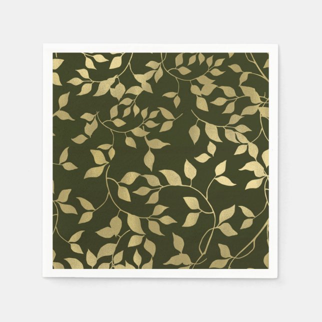 Green & Gold Faux Foil Botanical Leaves Wedding Napkins (Front)