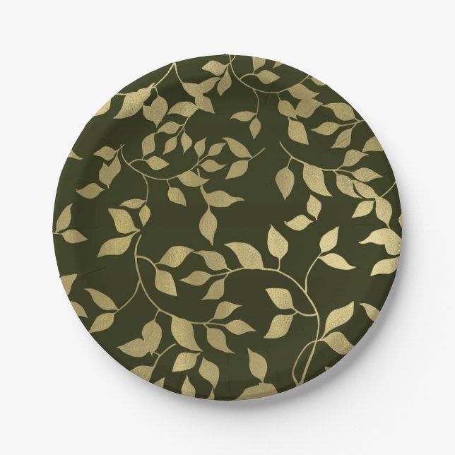 Green & Gold Faux Foil Botanical Leaves Wedding Paper Plates (Front)