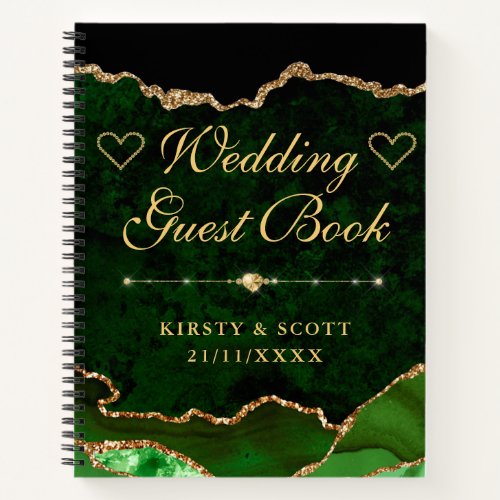 Green  Gold Faux Glitter Agate Wedding Guest Book