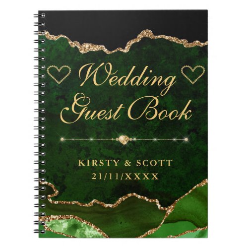 Green  Gold Faux Glitter Agate Wedding Guest Book
