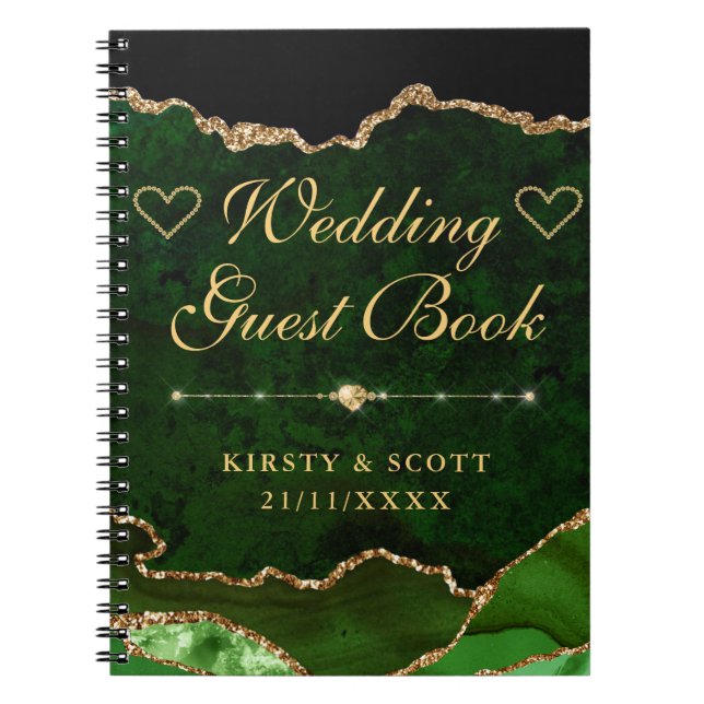 Green & Gold Faux Glitter Agate Wedding Guest Book (Front)