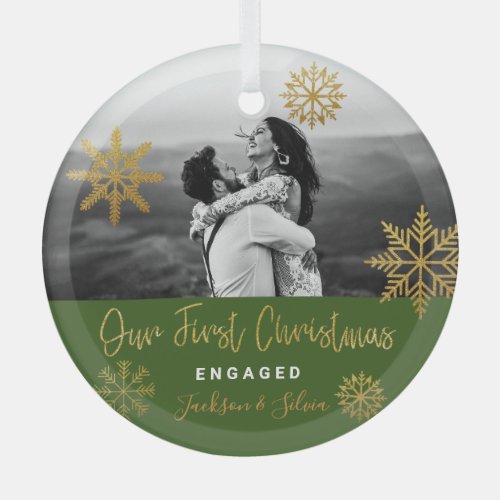 Green Gold First Christmas Engaged Glass Ornament