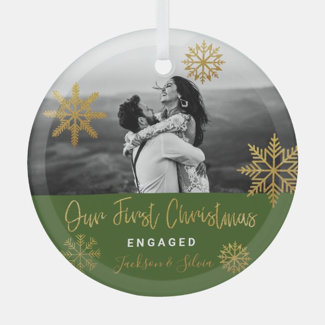Green Gold First Christmas Engaged Glass Ornament (Front)