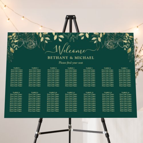 Green  Gold Floral 14 Table Wedding Seating Chart Foam Board