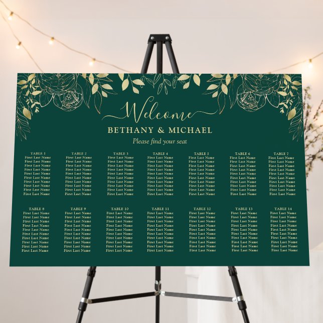 Green & Gold Floral 14 Table Wedding Seating Chart Foam Board (In Situ (Stand))