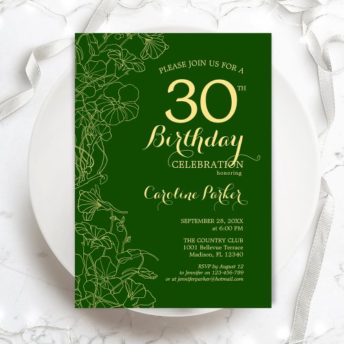 Green Gold Floral 30th Birthday Party Invitation