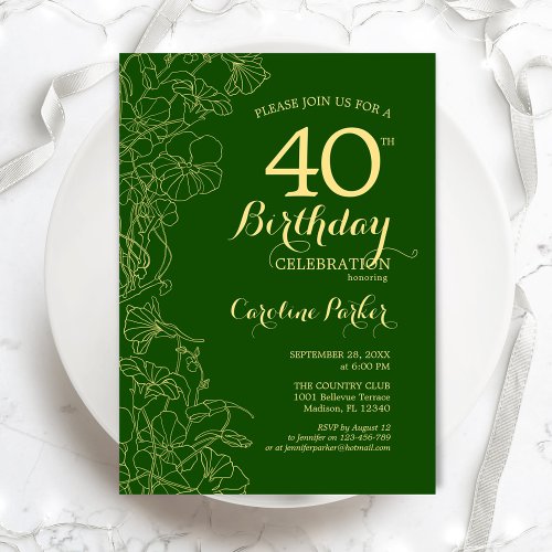 Green Gold Floral 40th Birthday Party Invitation