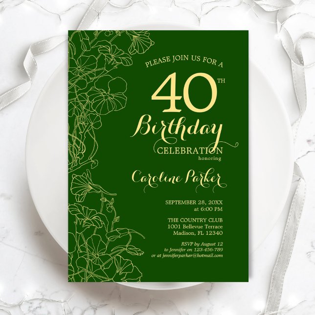 Green Gold Floral 40th Birthday Party Invitation (Creator Uploaded)