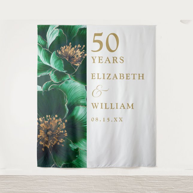 Green Gold Floral 50th Anniversary Photo Backdrop (Front)
