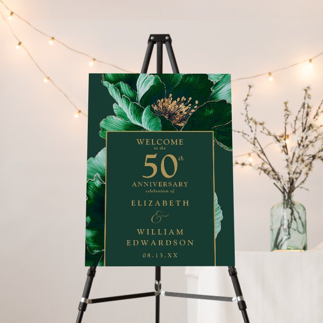 Green Gold Floral 50th Anniversary Welcome Sign (In Situ (Stand))