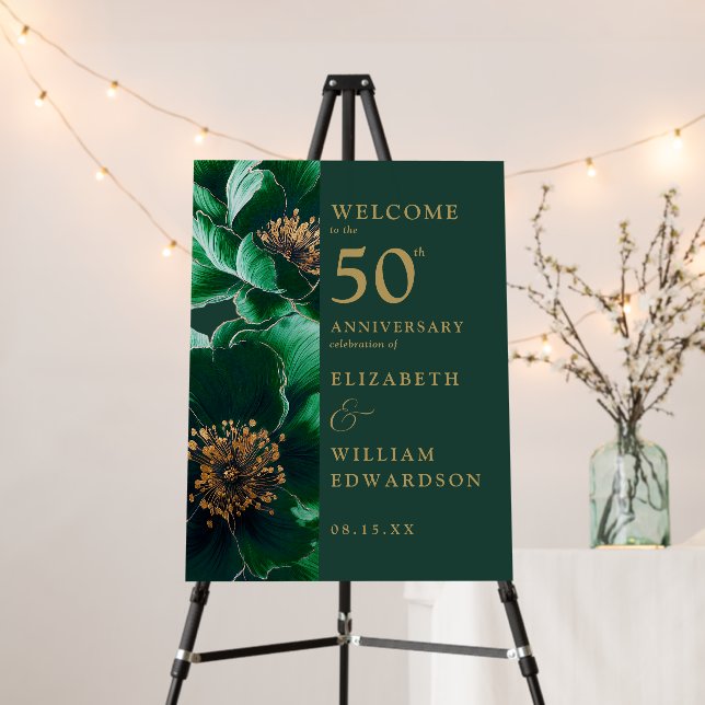 Green Gold Floral 50th Anniversary Welcome Sign (In Situ (Stand))