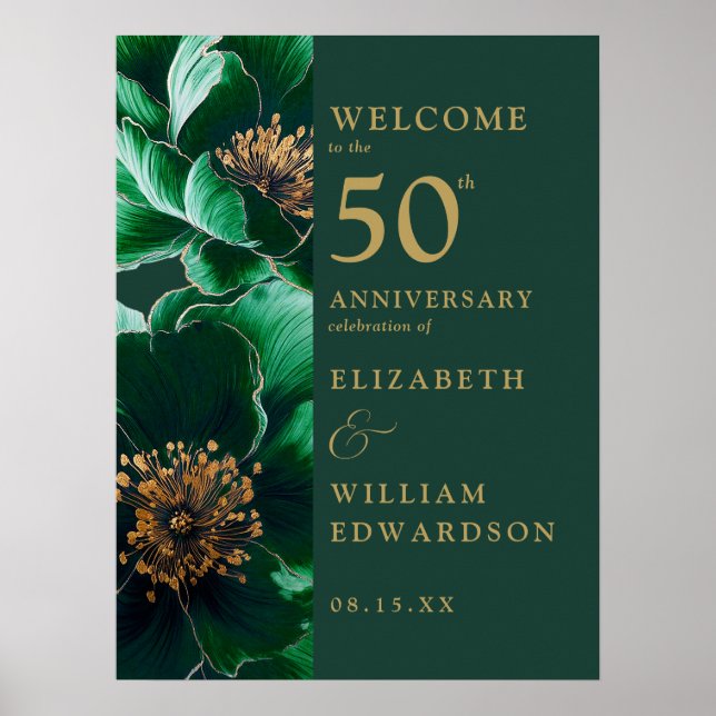 Green Gold Floral 50th Anniversary Welcome Sign (Front)