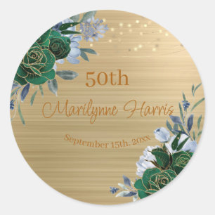 Green Gold Floral 50th Birthday Classic Round Sticker