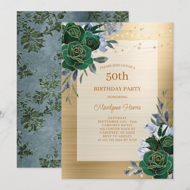 Green Gold Floral 50th Birthday Invitation (Front/Back)