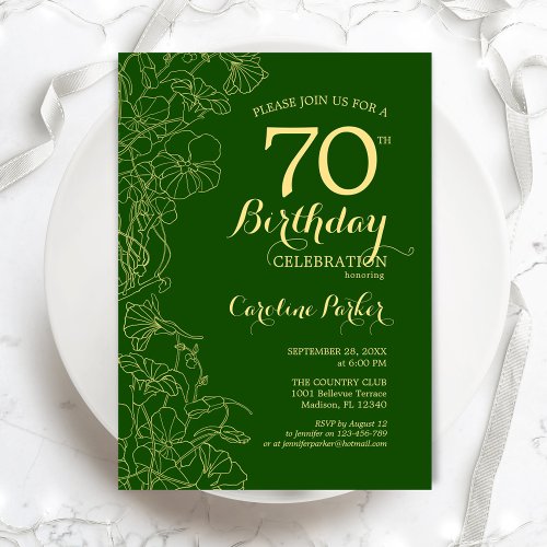 Green Gold Floral 70th Birthday Party Invitation